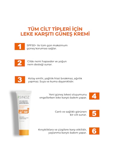 Sinoz Leke Karşıtı Yüksek Koruyucu Normal ve Kuru Ciltler İçin Yüz Güneş Kremi SPF50+ 50 ML