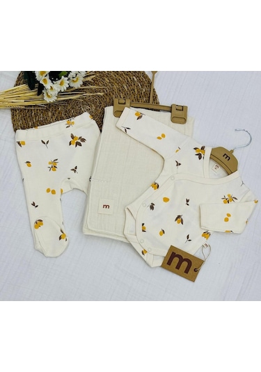Minisse Baskılı Çıtçıtlı Badi, Alt Ve Müslin Battaniyeli Yenidoğan Bebek 3lü Set Limon
