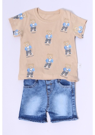 Erkek Bebek Şortlu Takım Kot Şortlu Çıtçıt Detaylı Baskılı B26 Bej