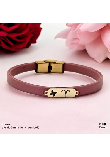 Archin Nisan Ayı Doğumlarına Kelebek Motifli 14 Ayar Altın Plakalı Koyu Pembe Derili Hediye Bileklik-654ay Nisan