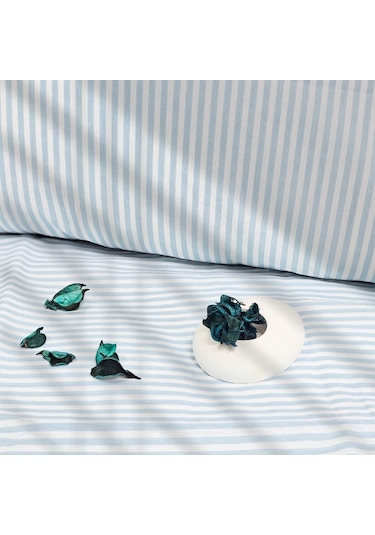 Çift Kişilik %100 Pamuk Düz İnce Çizgili Nevresim Takımı | Turkuaz Mavi & Beyaz | 4 Parça | Yumuşak Dokulu Turkuaz Mavi