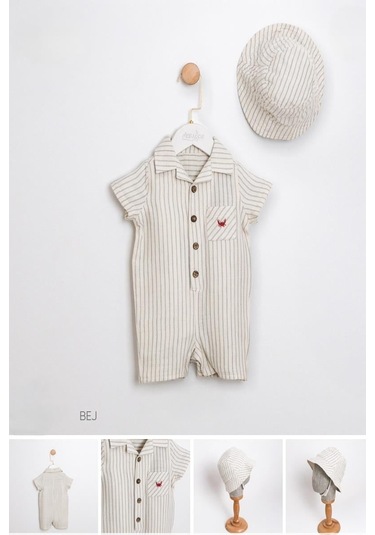 2'li Erkek Bebek Mavi Çizgili Desenli Tulum Şapkalı Takım-1362 Mavi