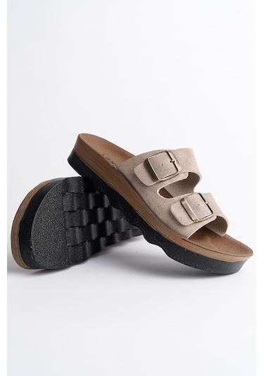 Muggo Rehda Garantili İki Toka Rahat Taban Ayarlanabilir Unisex Terlik Bej