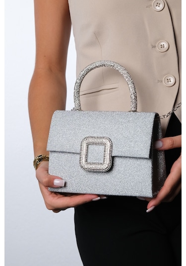 Valeria Gümüş Simli Taşlı Kadın El Çantası Gümüş Sim