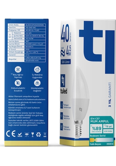 Redeem C37S E14 Mum Ampul, Titreşimsiz, Göz Konforu, 524 Lümen, Tatlı Beyaz, 3500 Kelvin
