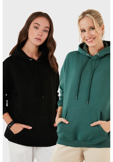 Lela Regular Fit Pamuklu Kapüşonlu Yaka Şardonlu Kışlık 2'Li Paket Bayan Sweat 5863854S2 Nefti-Siyah