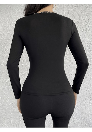 Kadın Uzun Kollu Leopar Şeritli Viskon Bluz Siyah