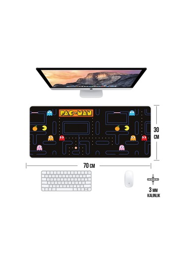 Pac-man Oyun Gaming Klavye Mouse Pad Kaymaz Taban Kenarları Dikişli Su Geçirmez Masa Matı 70x30 Cm