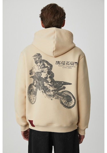 Grimelange Edgar  Erkek Yumuşacık Kapüşonlu Oversize Bej Sweatshirt