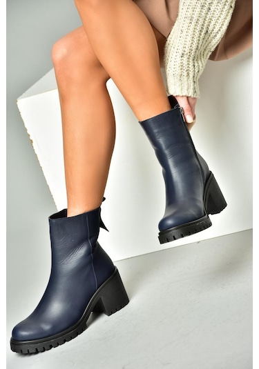 Fox Shoes R654006503 Lacivert Hakiki Deri Kalın Topuklu Kadın Bot Lacivert