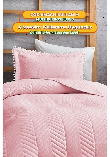 Evlen Home Ponponlu %100 Pamuk Tek Kişilik Günlük Yatak Örtüsü Pike Takımı Seti Pudra