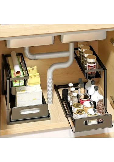 Honeybeeshop Lavabo Altı Düzenleyici Beyaz 1 Paket Kayar Çekmece Rafları Mutfak Banyo Kiler Dolabı Düzenleme Rafı Metal Sürgülü Çekmeceler Beyaz