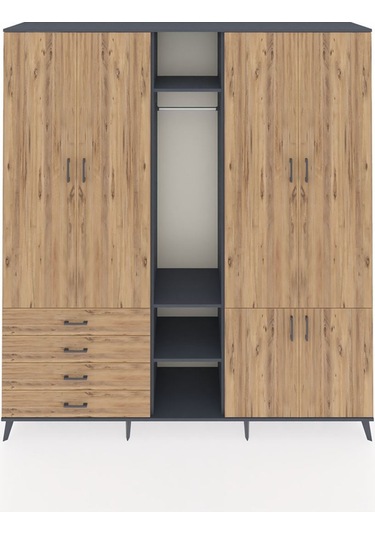 Hyperion Dolap 14 Raflı 4 Çekmeceli Tek Askılı 220x44x243 Antrasit-çam/çam Atlas Çam/atlas Çam