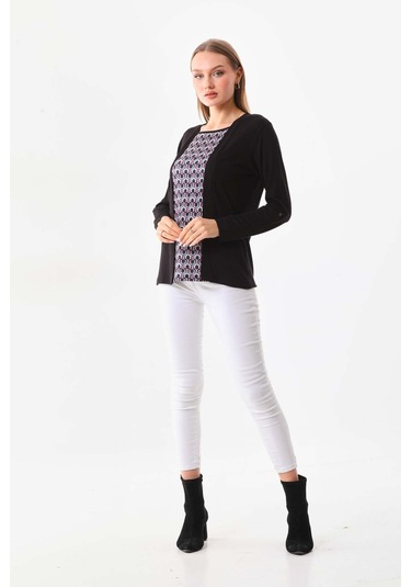 Sistas Kadın Desenli Uzun Kol Bluz 23525 Siyah