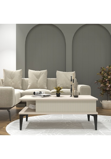 Marin Orta Sehpa , Sis Gri , Çizgi Desenli , Raflı