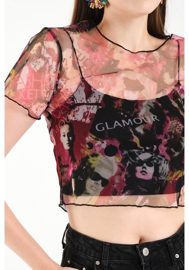 By Papi Baskılı Tül Crop Pembe