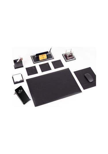 Opta 10 Parça Denge Topu Biblolu Siyah Deri Sümen Seti Takımı Gümüş Ofis Masa İsimliği Lüks İsimlik