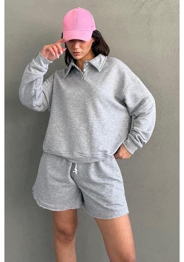 Madmext Gri Polo Yaka Kadın Şort Sweatshirt Takım Mg2375
