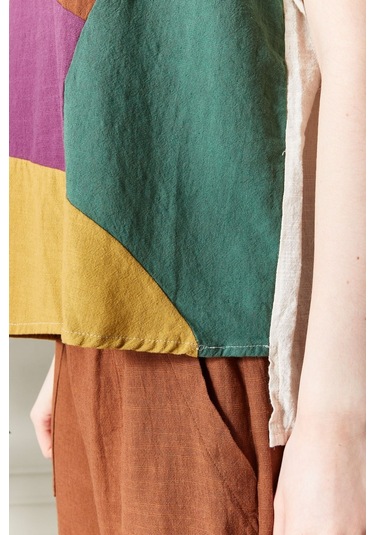 Keten Gökkuşağı Asimetrik Kesim Bluz Renkli Ve Şık Tasarım Bej