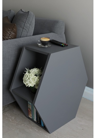 Alpa Ev Mobilya Altıgen Tasarım Yan Sehpa, Modern Koltuk Yanı Ve Dekoratif Kitaplık, Salon Sehpası Antrasit