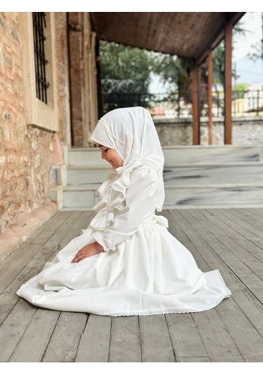 Ayperi Kız Çocuk Tesettür Elbisesi Merasim Elbisesi,başörtülü Takım 3-12 Yaş Uygun Beyaz