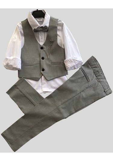 Zincirli Üç Düğme Erkek Çocuk Takım Elbise Gri