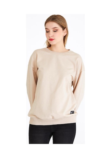 Comeor Kadın Bej Basic Bisiklet Yaka Regular Fit Rahat Sweatshirt 001