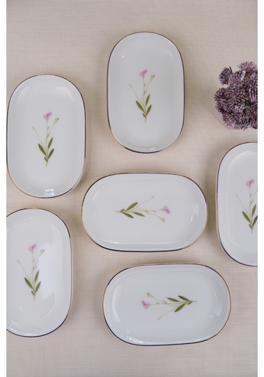 Tabak Evi Porselen Natura Çuha Altın Yaldızlı Oval Kayık Tabak 22,50x14,50x2,50cm 6 Lı Çok Renkli