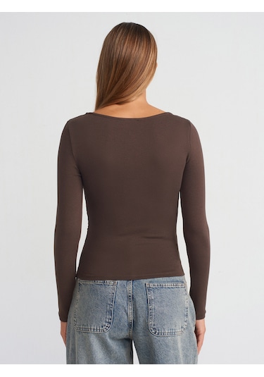 Dilvin 31401 Büzgülü Kayık Yaka Top-koyu Kahve Koyu Kahve