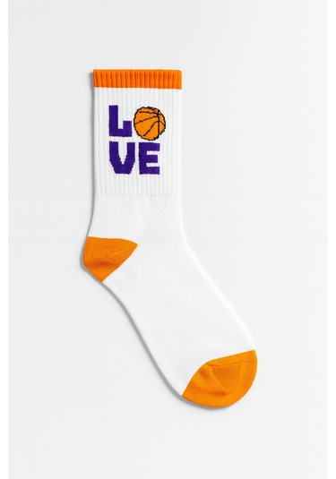 Basketball Love Desenli Unisex Spor Çorap Beyaz - Mor -turuncu