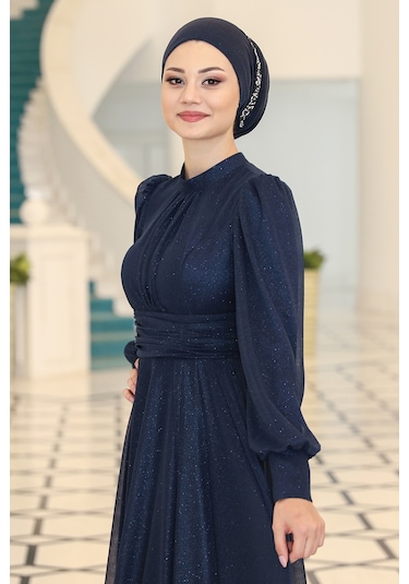 Raika Moda Şık Tasarım Tül Kübra Abiye Lacivert