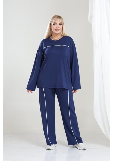 Biyeli Büyük Beden Oysho Tarzı Modal Kumaş Uzun Kollu Biyeli Rahat Günlük Takım Lacivert