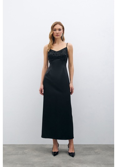 Sateen Payet Detaylı Saten Elbise - Siyah-135686 Siyah