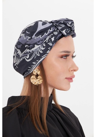 Antrasit Pratik Hazır Geçmeli Tesettür Bone Kesik Elyaf Retro Desenli 2409 25 Antrasit