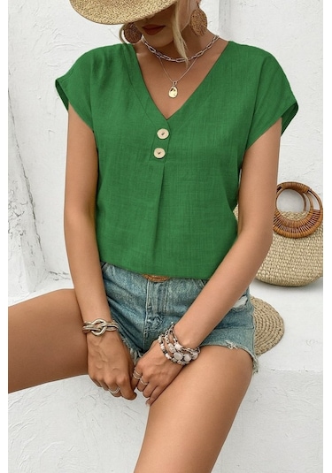 Reka Moda Kadın Kısa Kollu V Yakalı Düğmeli Keten Bluz Yeşil