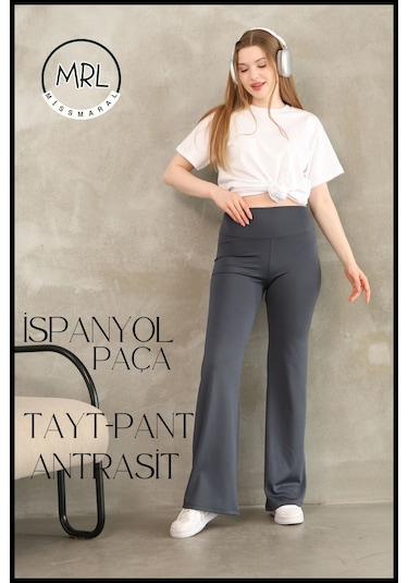 Kadın Yüksek Bel Toparlayıcı Tayt Pantolon Ispanyol Paça Likralı Esnek Dalgıç Kumaş Antrasit 1040 Antrasit