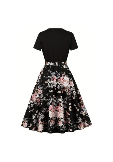 Kadın Kısa Kollu Bisiklet Yaka Çiçek Desenli Üst Viskon Alt Süprem Kısa Elbise Siyah