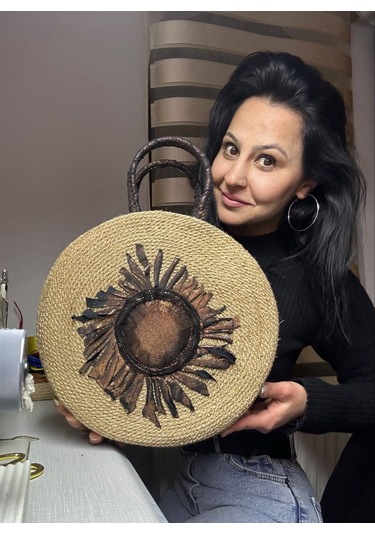 Hasır Çanta, Silindir Çanta, Tasarım Çanta, Koyu Kahve Desenli Silindir El Çantası Kahverengi