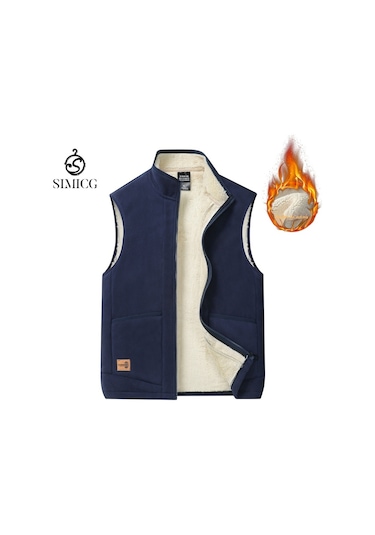 Kuzu Yünü Yelek Sıcak Dik Yaka Artı Polar Yelek Ceket Gri Mavi