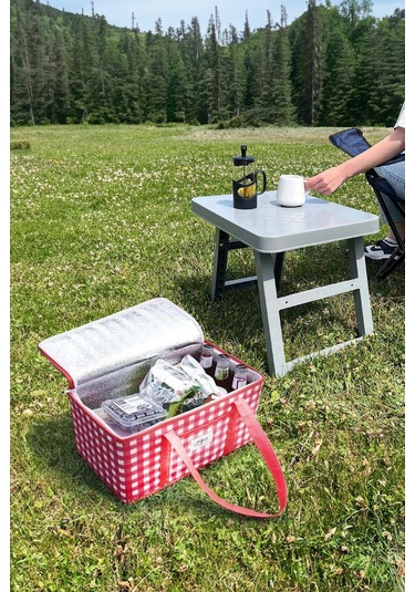 Katlanır Plastik Sehpa, Kamp Masası Gri- Termo Piknik Çantası Gri