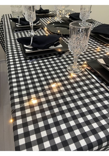 Sıvı Geçirmez Dertsiz Masa Örtüsü Kareli Desen Siyah