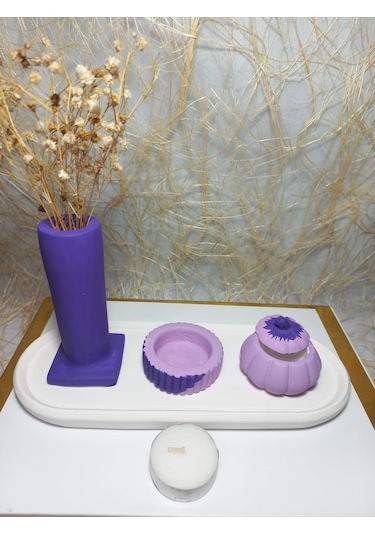 Tabaklı Sütun Vazolu, Minimal Mumluk Ve Balkabağı 4 Parça Set Beyaz Mor