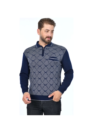 Kamalı Erkek Çelik Örgü Gömlek Yaka Cepli Fermuarlı Polo Yakalı Tüylenmeyen Triko Kışlık Baba Kazak Lacivert