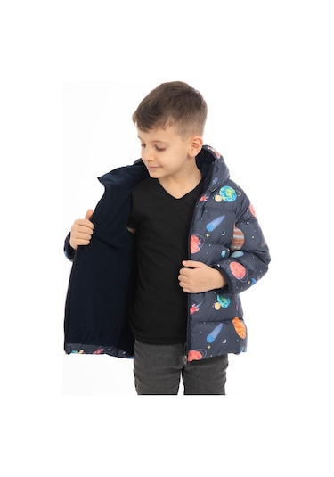 Erkek Çocuk İçi Polarlı Kapüşonlu Gezegen Yıldız Desenli Kışlık Şişme Mont Lacivert