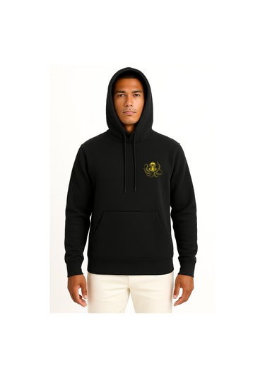 Bahriyeli Collection Kapüşonlu Steampunk Octopus Dalgıç Başlığı Cep Ve Sırt Baskılı Unisex Sweatshirt Siyah