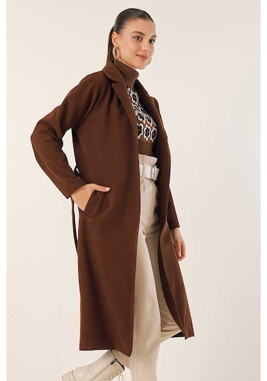 9118 Kruvaze Yaka Kaşe Kaban - Kahverengi Kahverengi