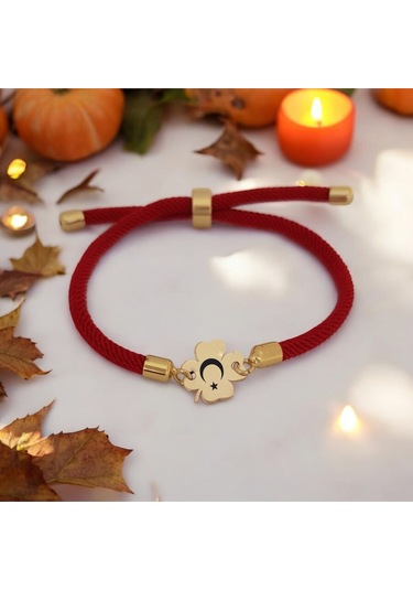 Örgü İplili 14 Ayar Altın Plakalı Çiçek Figürlü Türkiye Sembollü Hediye Bileklik-324sembol-kırmızı Altın