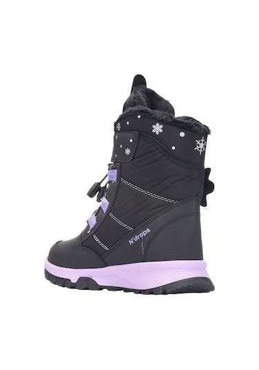 Günlük Kız Çocuk Kar Botu Cırtlı Lastik Bağcıklı Kürklü Kar Desenli Kalın Tırtıklı Taban Bootie 014 Siyah Lila