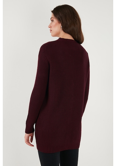 Lela Regular Fit V Yaka Düğmeli Triko Örme Uzun Bayan Hırka 4615044 Bordo