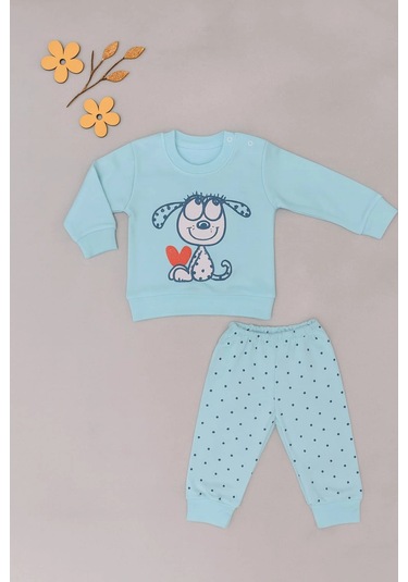 Bebek 2 Li Takım Sevimli Köpek Baskılı Sweatshirt Ve Noktalı Pantolon Mavi
